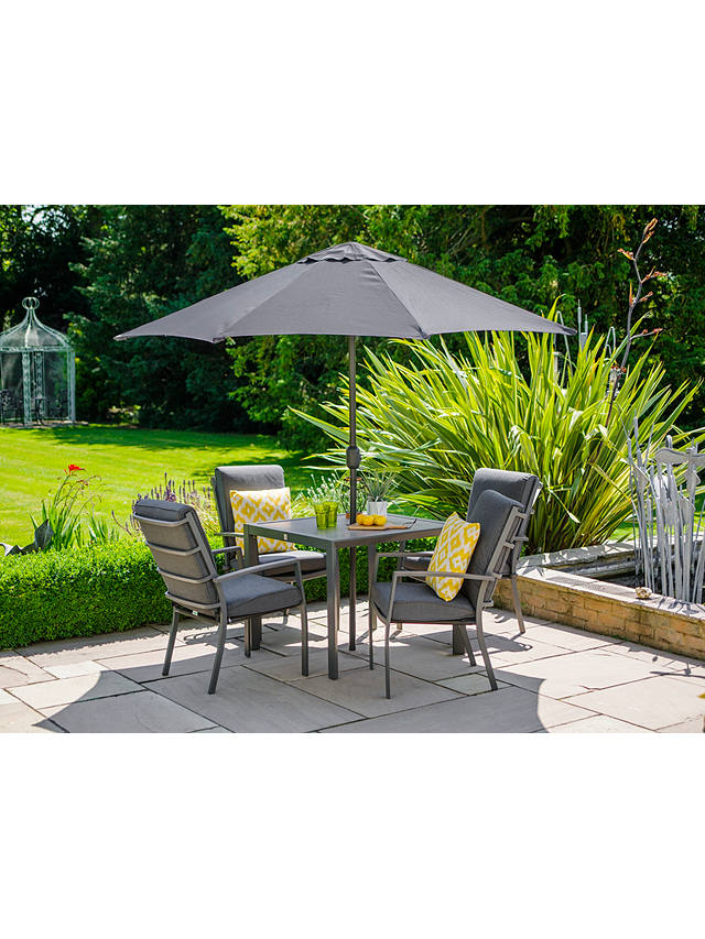 LG Outdoor Milano 4-Seat Wood-Effect Garden Dining Table & Armchairs with Parasol, Grey