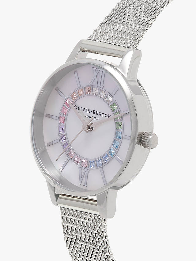 Olivia Burton Women's Wonderland Crystal Mesh Bracelet Strap Watch, Silver/Mother of Pearl OB16WD96