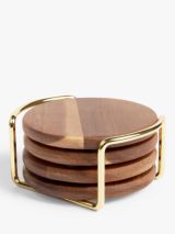 John Lewis Acacia Wood Round Coasters & Metal Stand, Set of 4, Natural