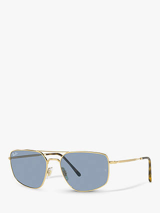 Ray-Ban RB3666 Unisex Steel Rectangular Frame Sunglasses, Arista Gold/Classic Blue