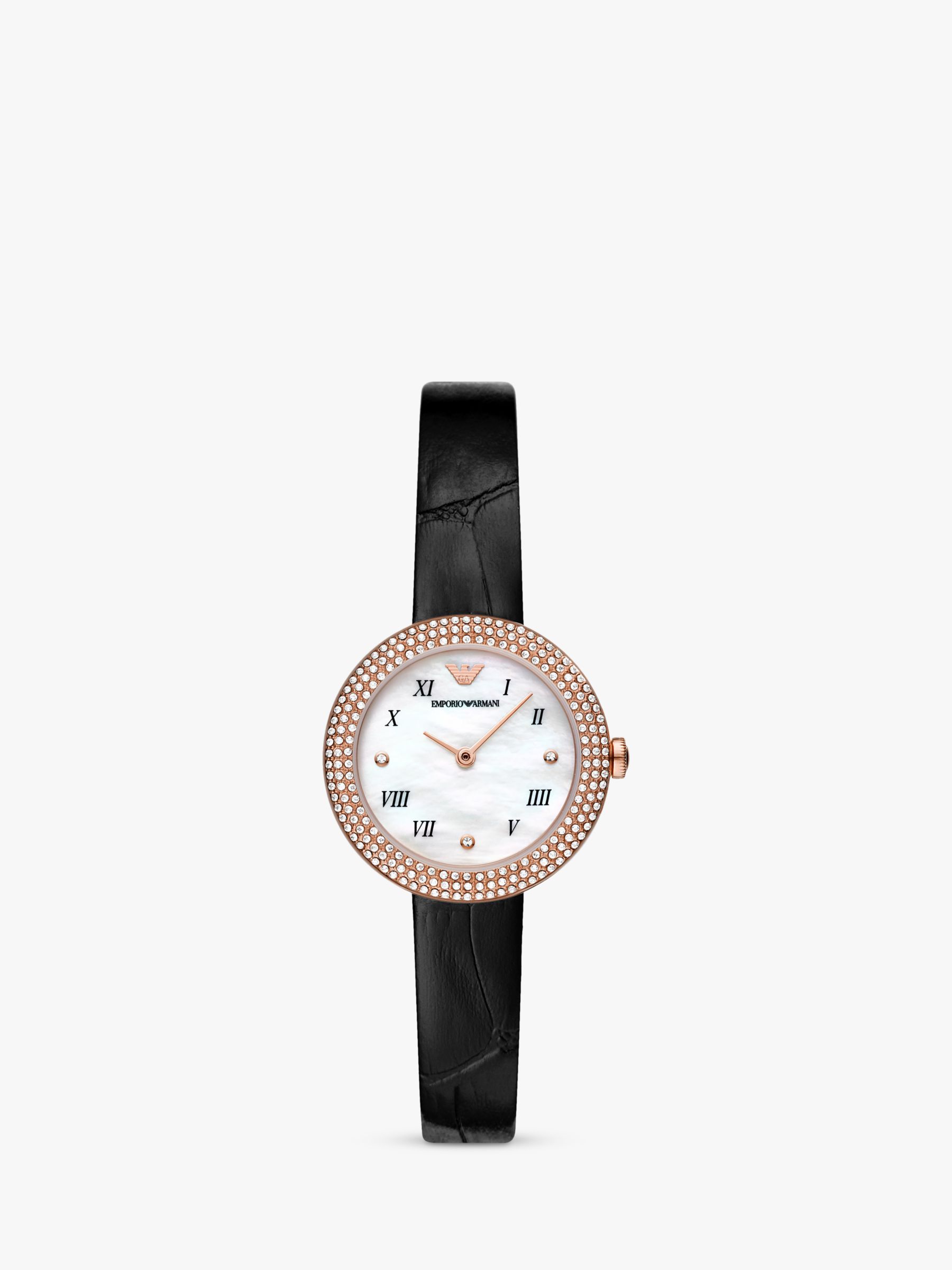 Emporio Armani AR11356 Women's Leather Strap Watch, Black/Mother of Pearl