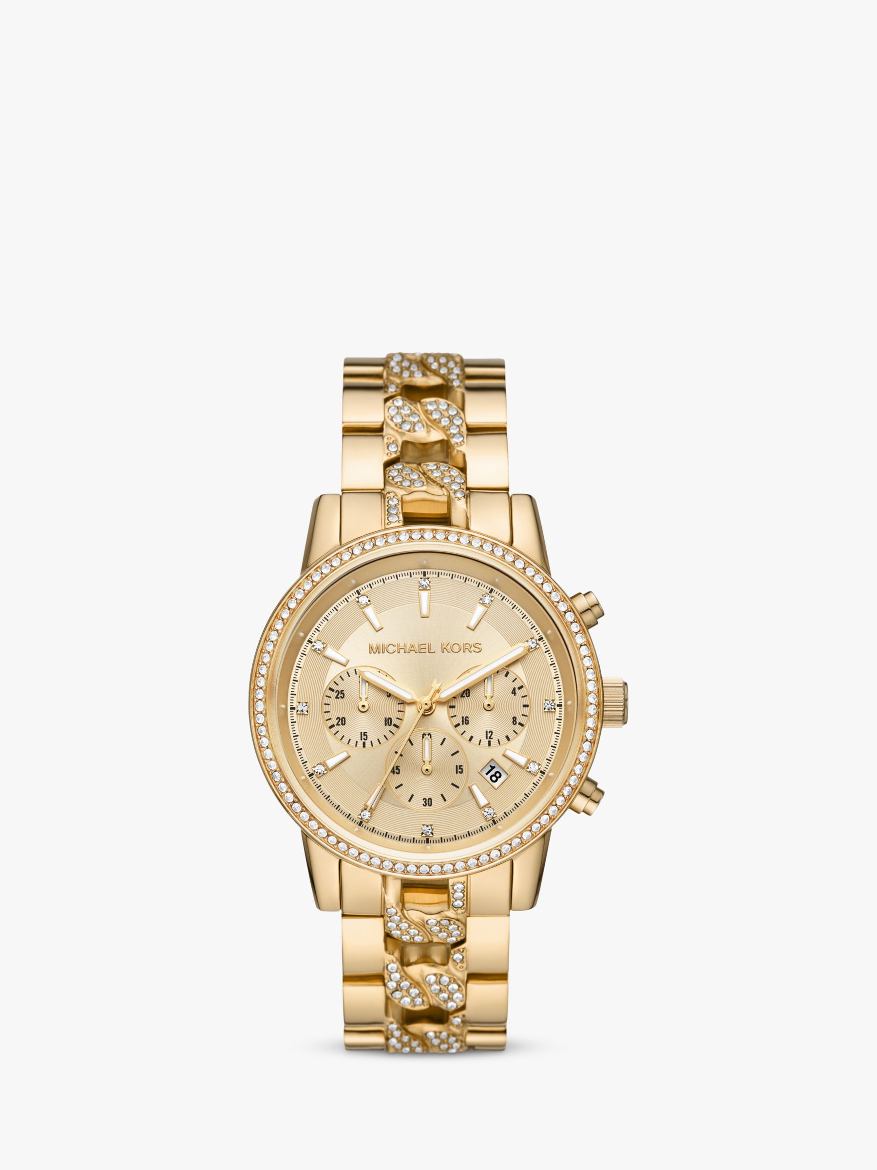 Michael Kors Women's Ritz Cubic Zirconia Chronograph Date Bracelet Strap  Watch, Gold/MK6937 at John Lewis & Partners