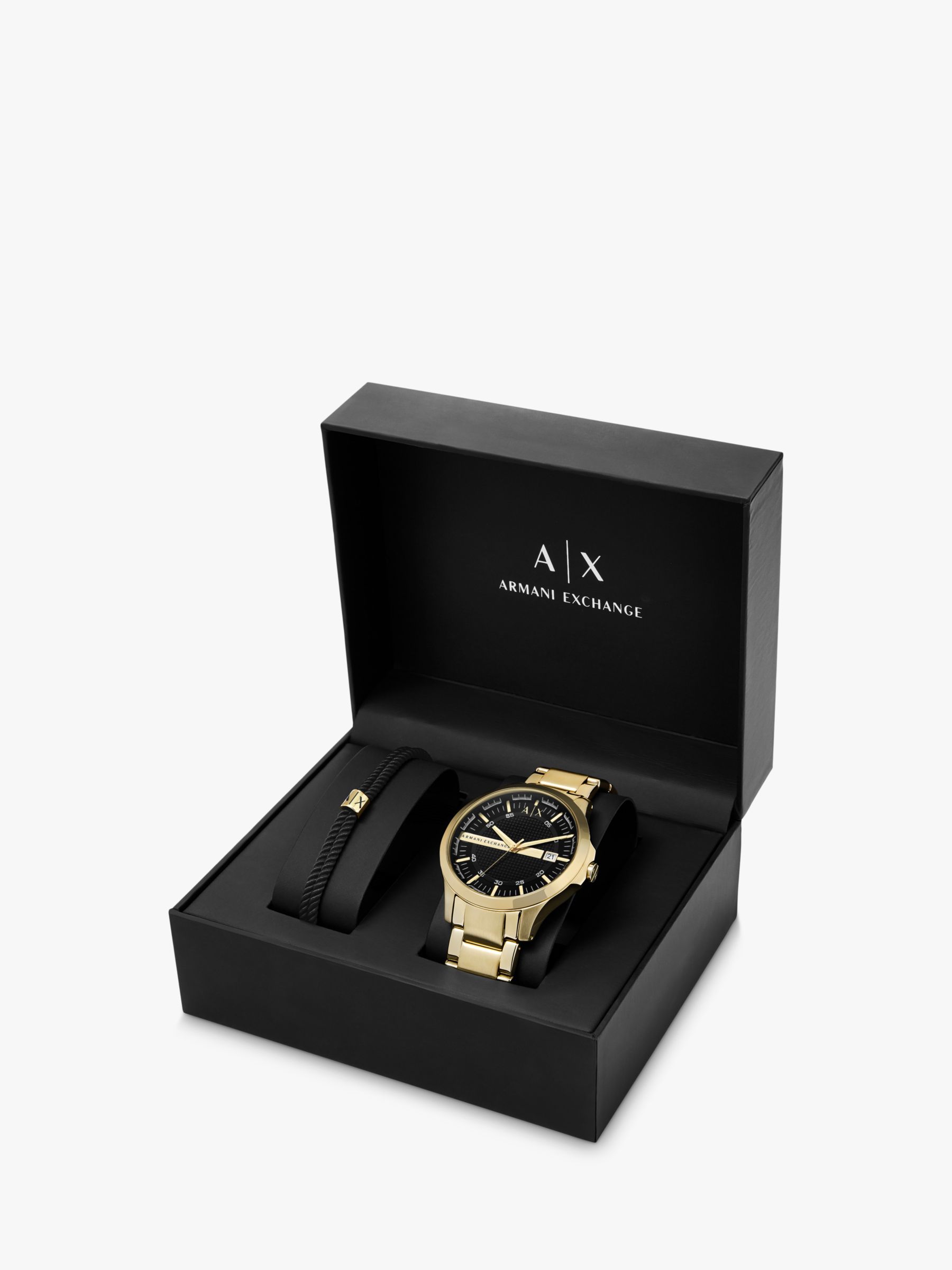 Armani Exchange AX7124 Men's Cord Bracelet and Date Bracelet Strap Watch  Gift Set, Gold/Black at John Lewis & Partners