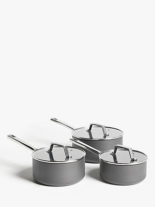 John Lewis Hard Anodised Aluminium Non-Stick Saucepan & Glass Lid Set, 3 Piece