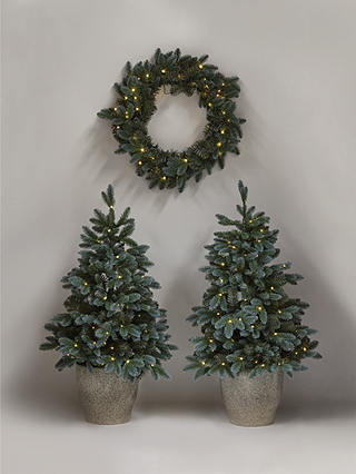 John Lewis Pair of Potted Pre-Lit Christmas Trees and Wreath, 3ft