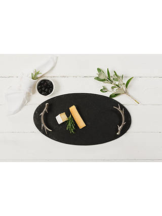 The Just Slate Company Oval Slate Tray with Antler Handles, Black