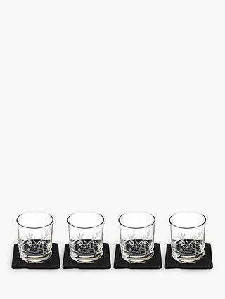 The Just Slate Company Stag Glass Tumbler & Slate Coaster, Set of 4, Black/Clear