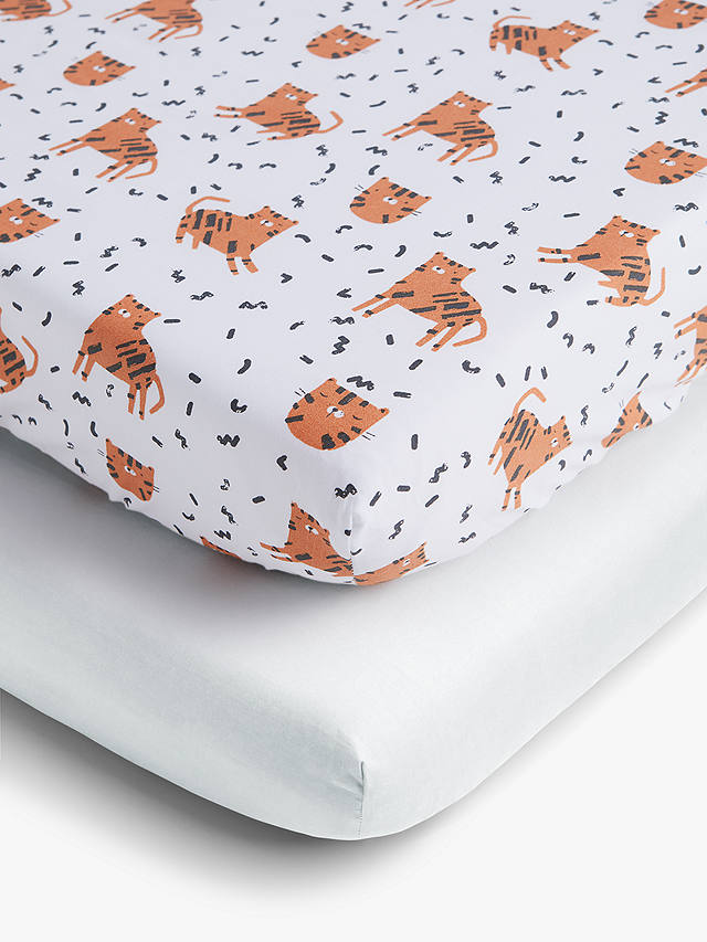 John Lewis ANYDAY Tiger Print Infant Fitted Cotton Sheet, Pack of 2, Multi, Cot (120 x 60cm)