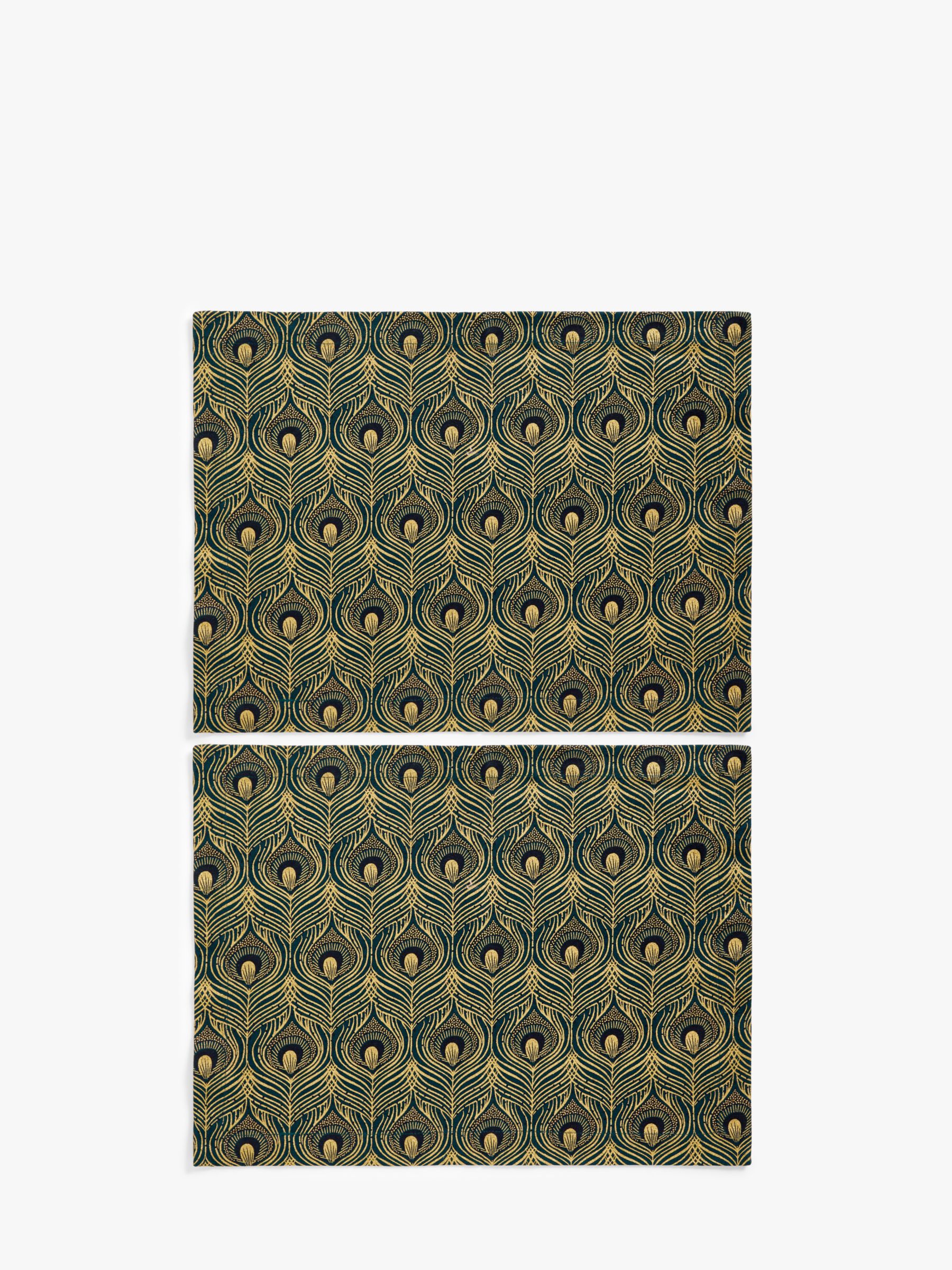 John Lewis Peacock Pattern Cotton Placemats, Set of 2, Green/Gold