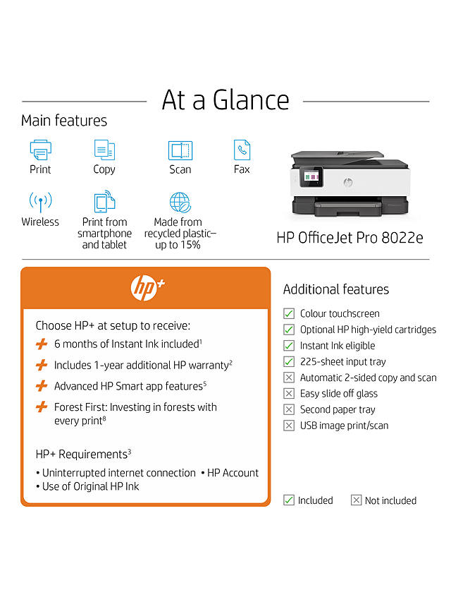 HP OfficeJet Pro 8022e All-in-One Wireless Printer with Touch Screen, HP+ Enabled & HP Instant Ink Compatible, White & Grey