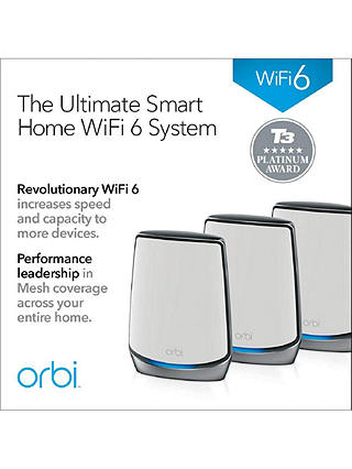 Netgear Orbi RBK853 Whole Home Mesh Wi-Fi System with Router and 2 Satellites, AX6000