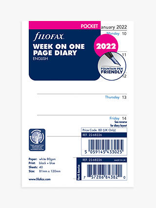 Filofax Pocket Classic Two-Weeks-To-View Personal Organiser Insert, 2022