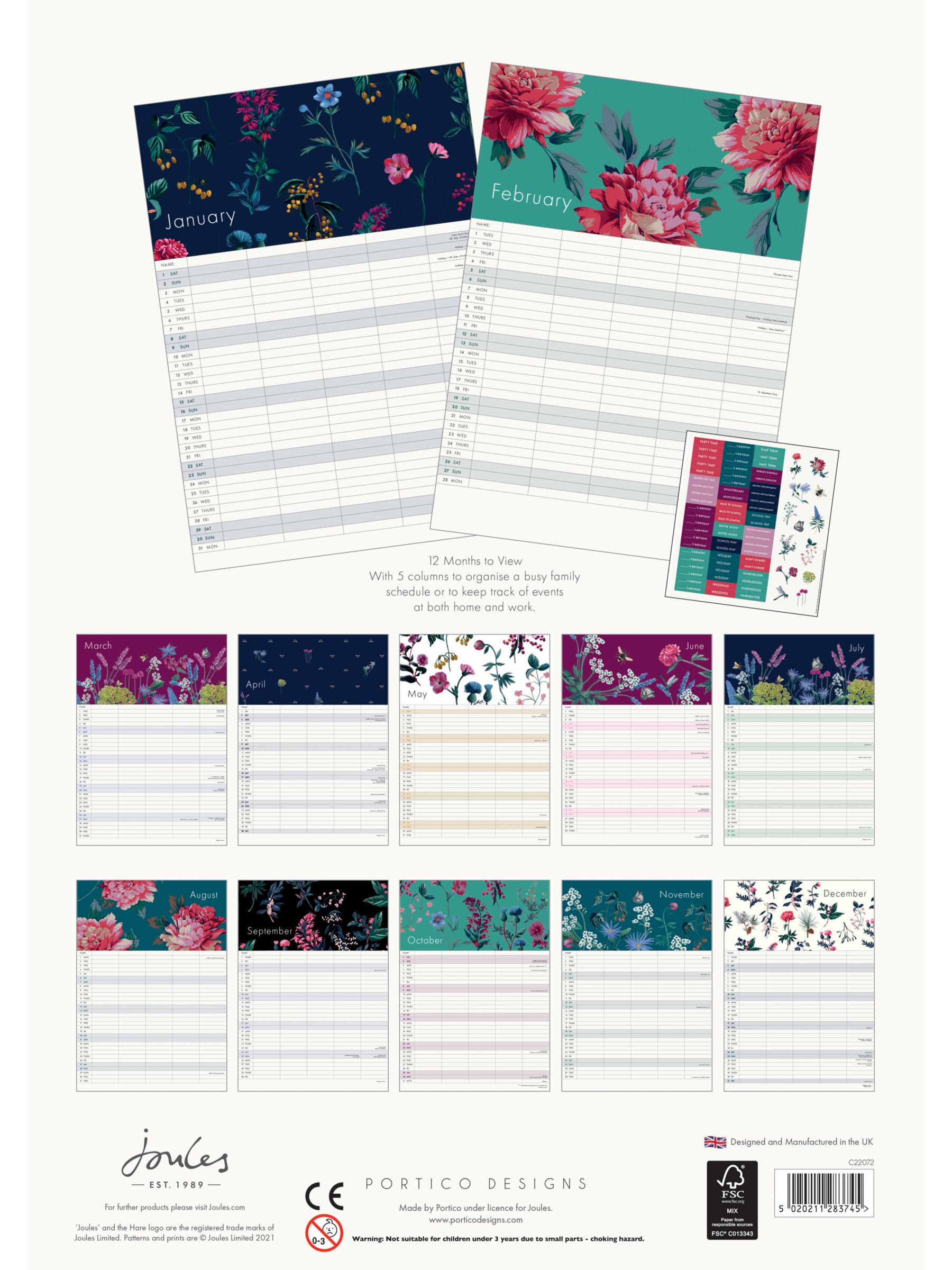 Joules A3 Floral Family Organiser Calendar, 2022