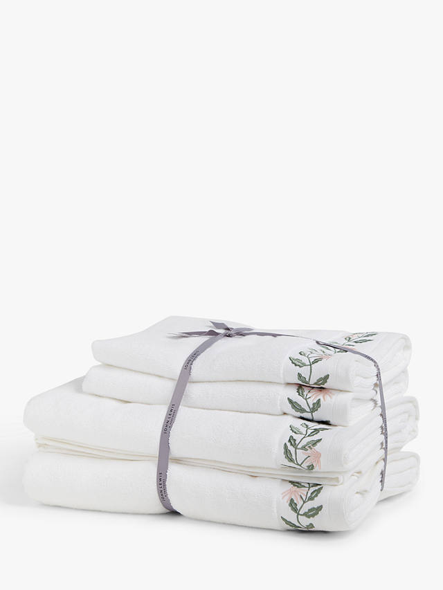 johnlewis.com | John Lewis & Partners Decorative Floral Border 4 Piece Towel Bale, White
