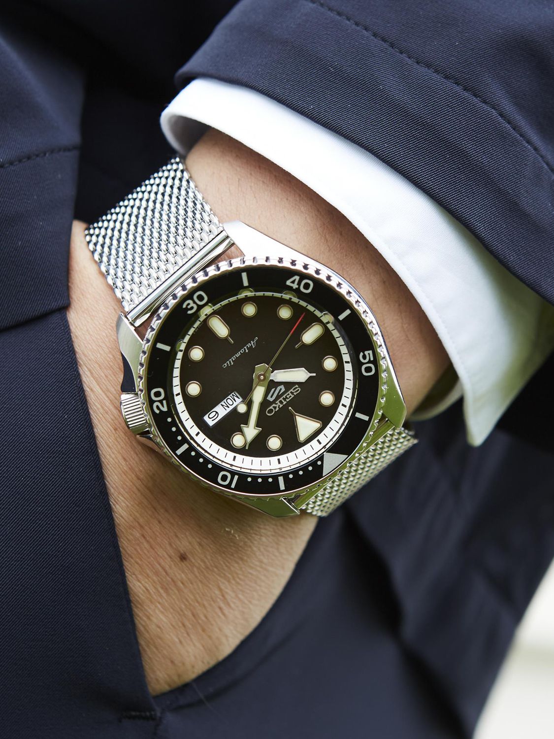 Seiko SRPD73K1 Men's 5 Sports Automatic Day Date Bracelet Strap Watch,  Silver/Black at John Lewis & Partners