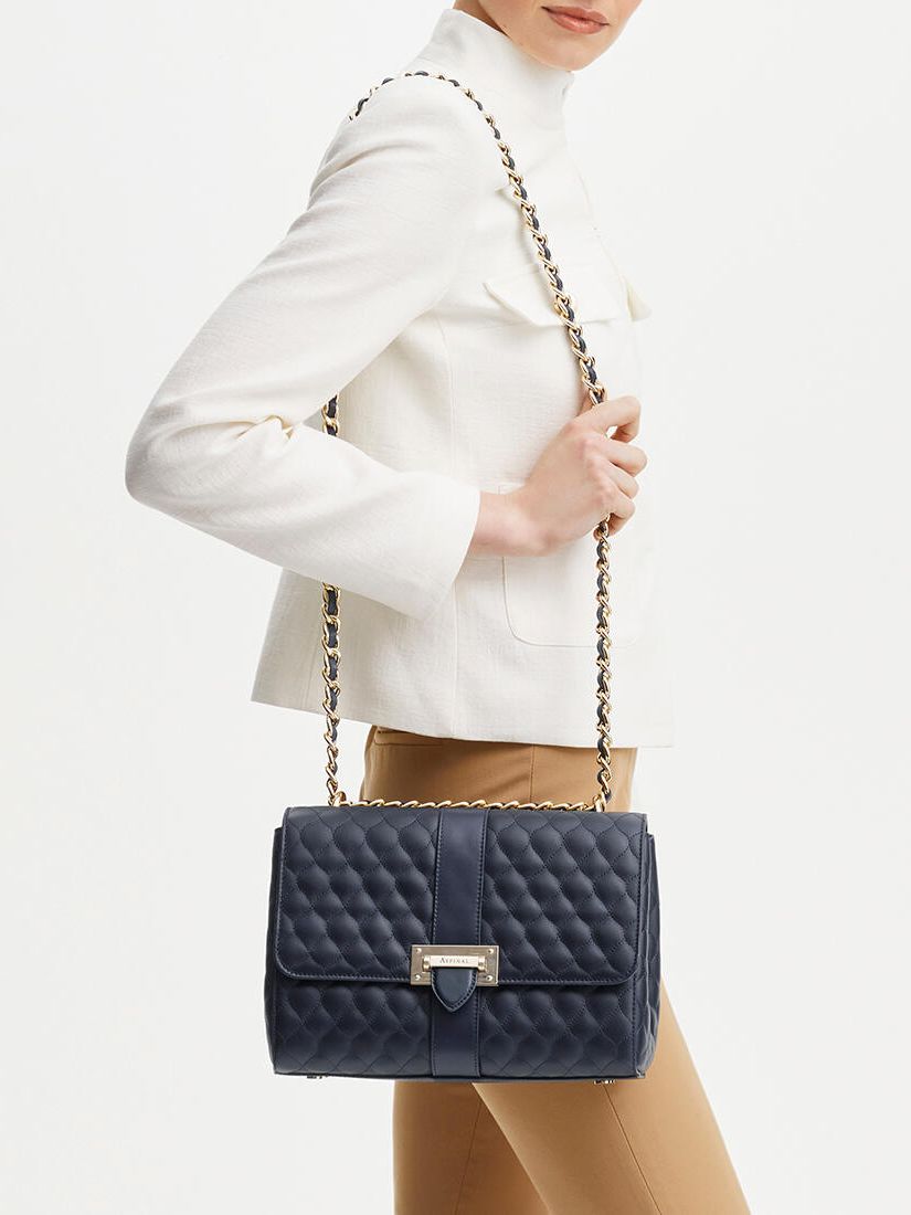 Aspinal of London Lottie Large Quilted Pebble Leather Shoulder Bag, Navy