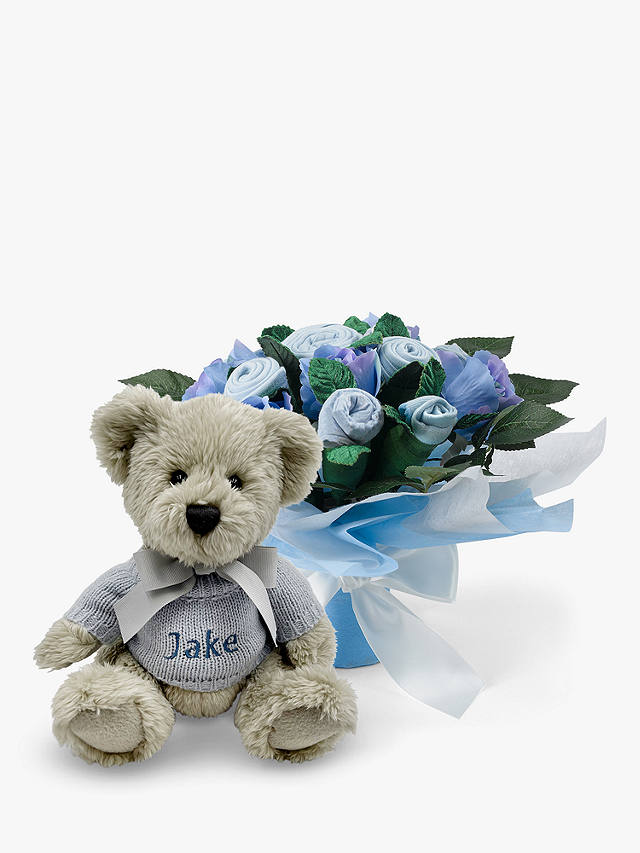 Babyblooms Hand Tied Baby Clothes Bouquet and Personalised Berkeley Bear Soft Toy, Light Blue