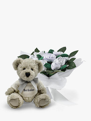 Babyblooms Hand Tied Baby Clothes Bouquet and Personalised Berkeley Bear Soft Toy, White