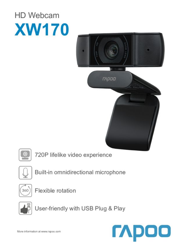 720p Black HD XW170 Webcam, Rapoo