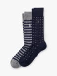 Polo Ralph Lauren Dot Stripe Socks, One Size, Pack of 2, Navy/Grey
