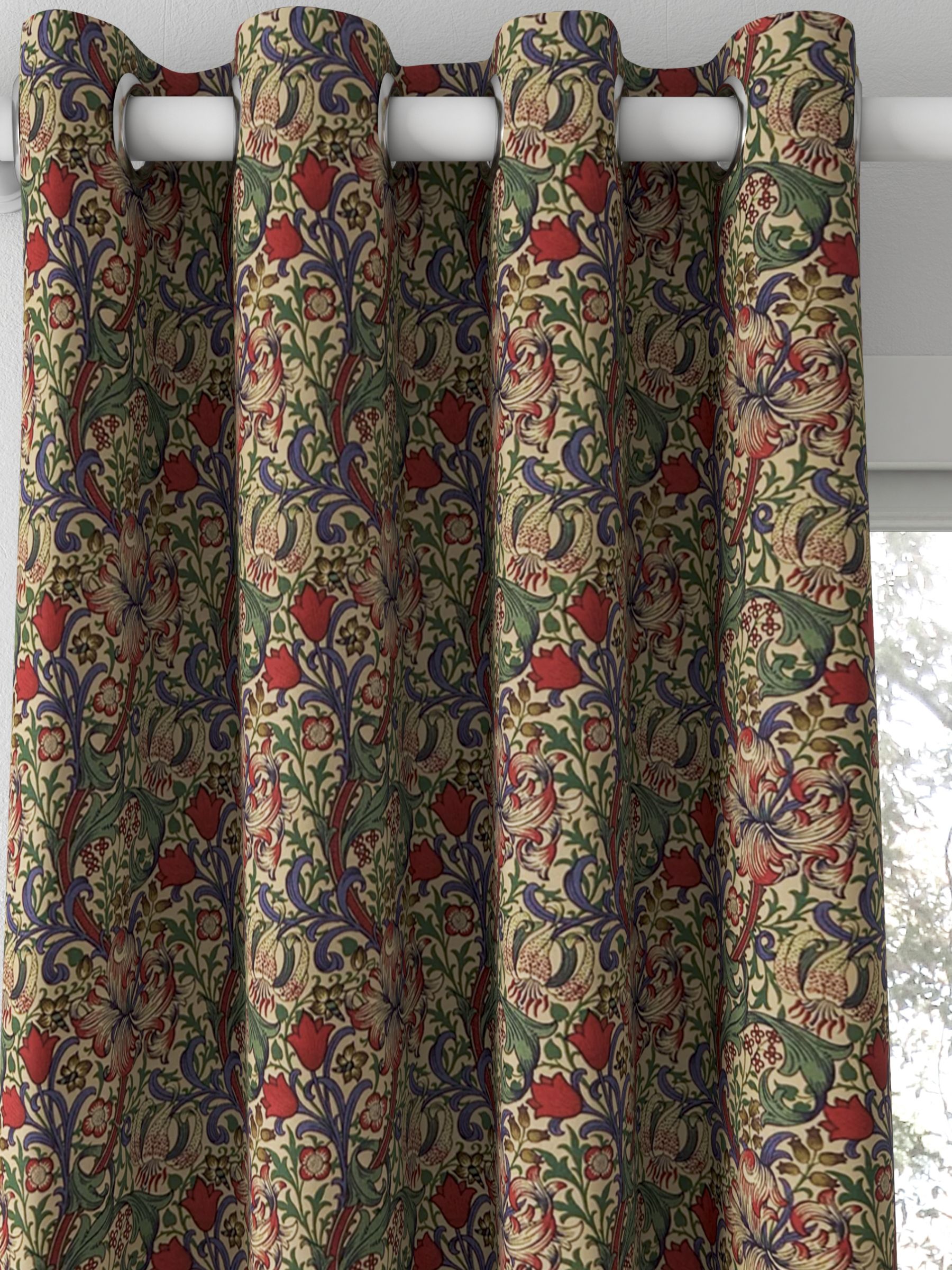 Morris & Co. Golden Lily Minor Made to Measure Curtains, Biscuit/Indigo/Red