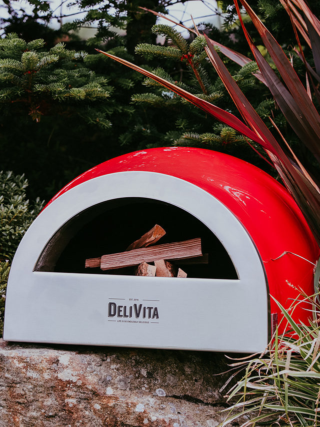 DeliVita Pizza Lover’s Collection Wood-Fired Portable Outdoor Oven, Cover, Utensils & Starter Set, Chilli Red
