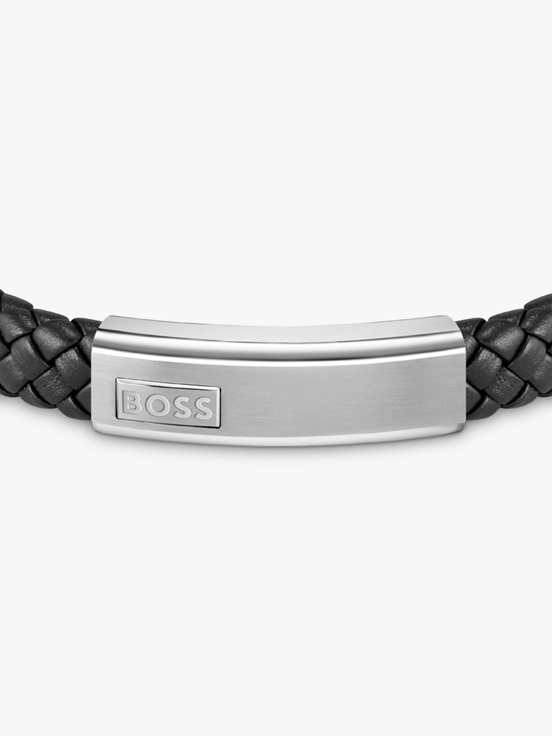BOSS Men's Woven Leather Logo Bracelet, Black/Silver