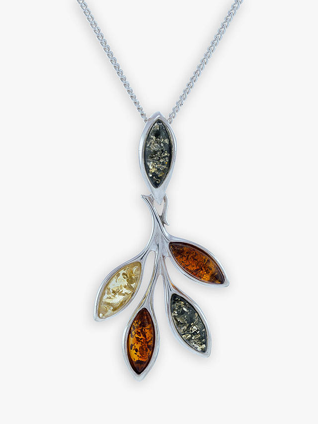 Be-Jewelled Baltic Amber Leaf Drop Pendant Necklace, Silver