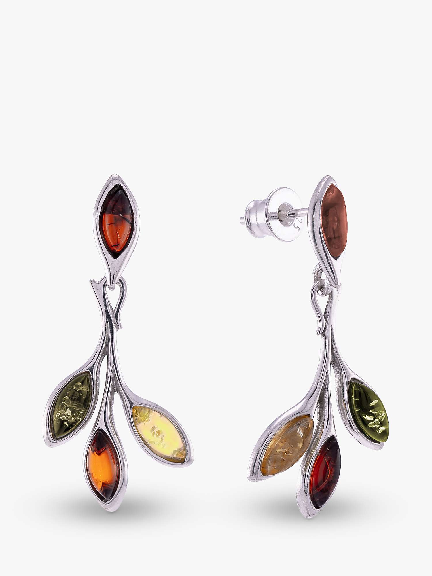 Buy Be-Jewelled Baltic Amber Silver Leaf Drop Stud Earrings, Silver Online at johnlewis.com