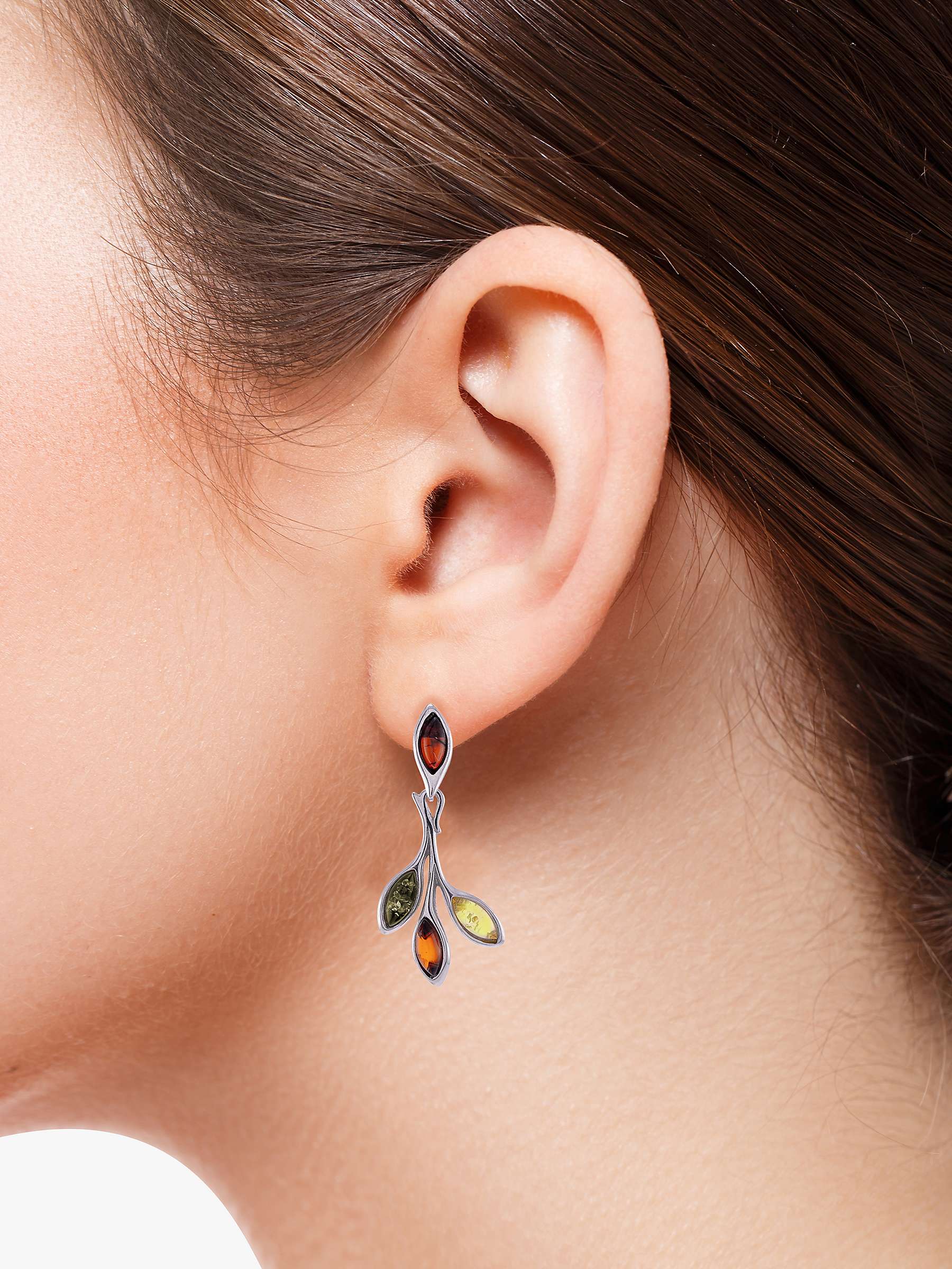 Buy Be-Jewelled Baltic Amber Silver Leaf Drop Stud Earrings, Silver Online at johnlewis.com