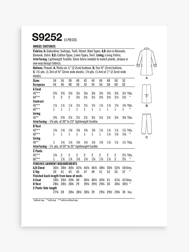 Simplicity Costumes Unisex Continental Uniform Sewing Pattern, S9252, AA