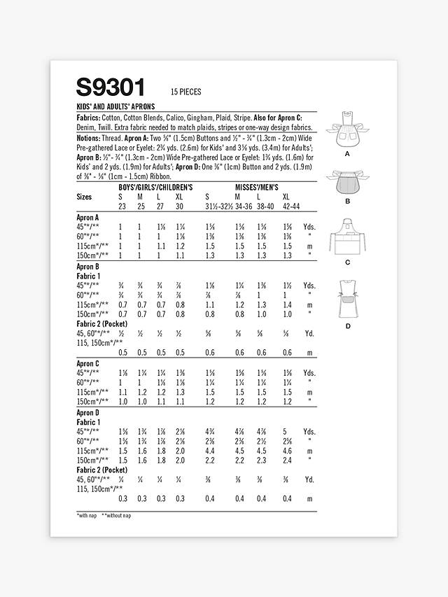 Simplicity Accessories Kitchen Apron Sewing Pattern, S9301, A