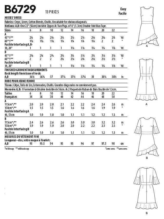 Butterick Misses' Flounce Dress Sewing Pattern, B6729, A5
