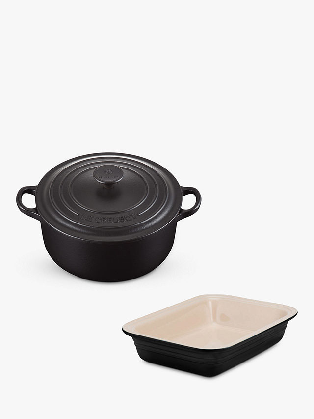 Le Creuset Cast Iron 20cm Casserole and 29cm Stoneware Dish Set, 2 Piece, Satin Black