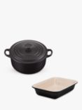 Le Creuset Cast Iron 20cm Casserole and 29cm Stoneware Dish Set, 2 Piece, Satin Black