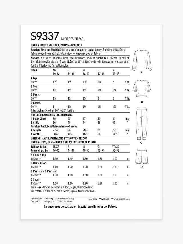 Simplicity Unisex Loungewear Pants and Tops, S9337, A