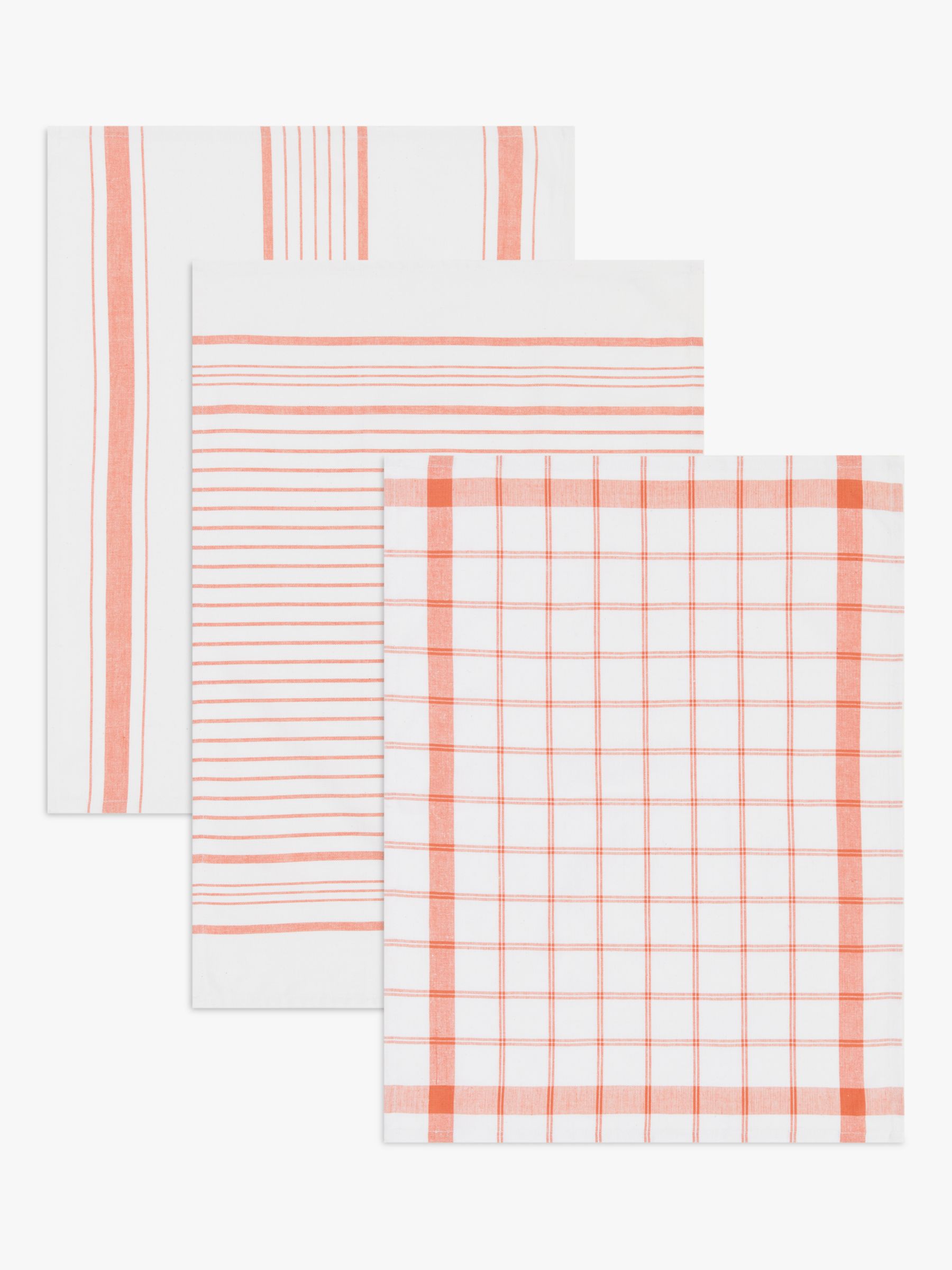 ANYDAY John Lewis & Partners Stripe & Check Cotton Tea Towels, Pack of 3, Cinnabar