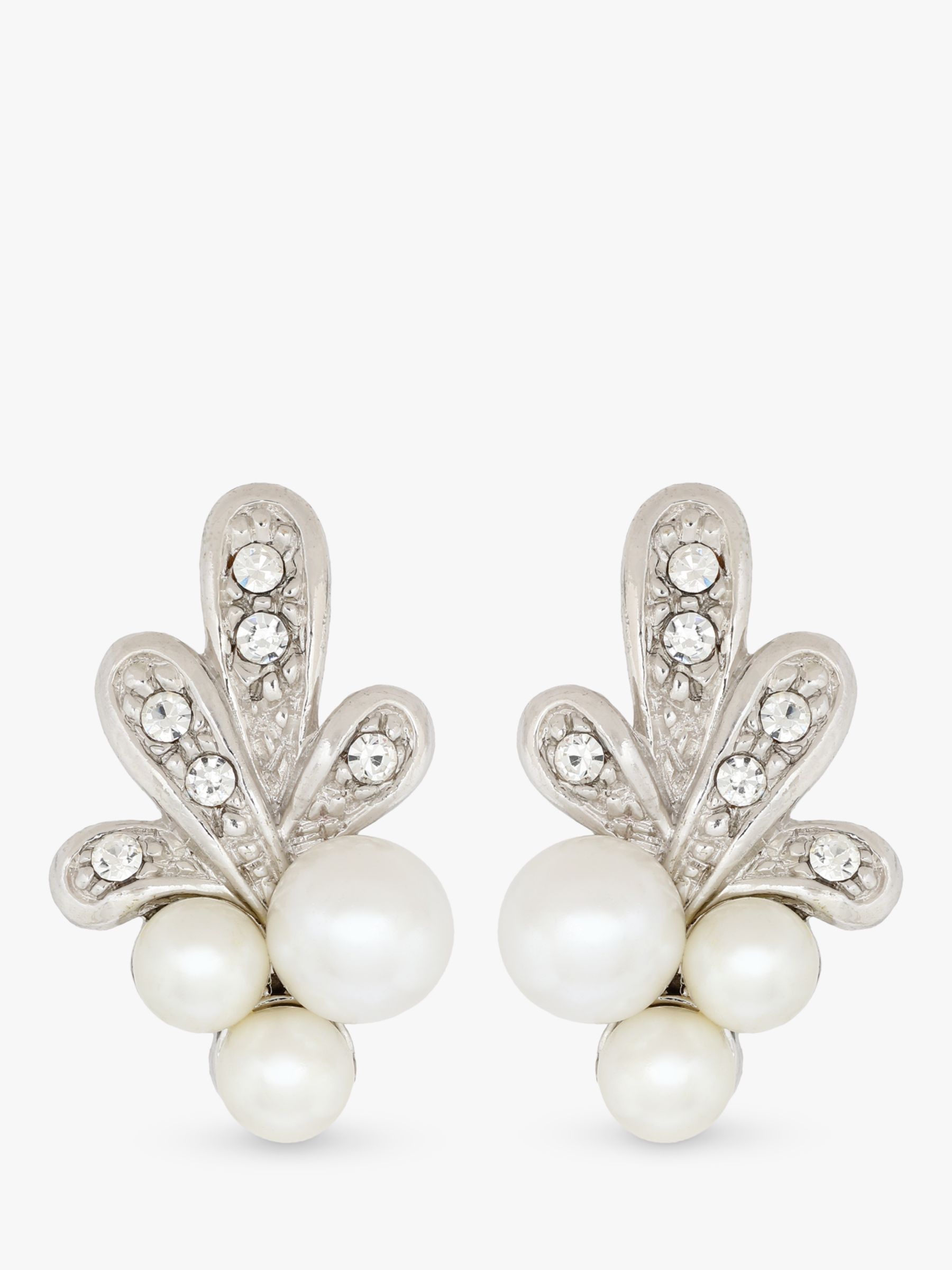 Eclectica Pre-Loved Swarovski Crystal & Faux Pearls Leaf Stud Clip-on Earrings, Dated Circa 1980s, Silver/Cream