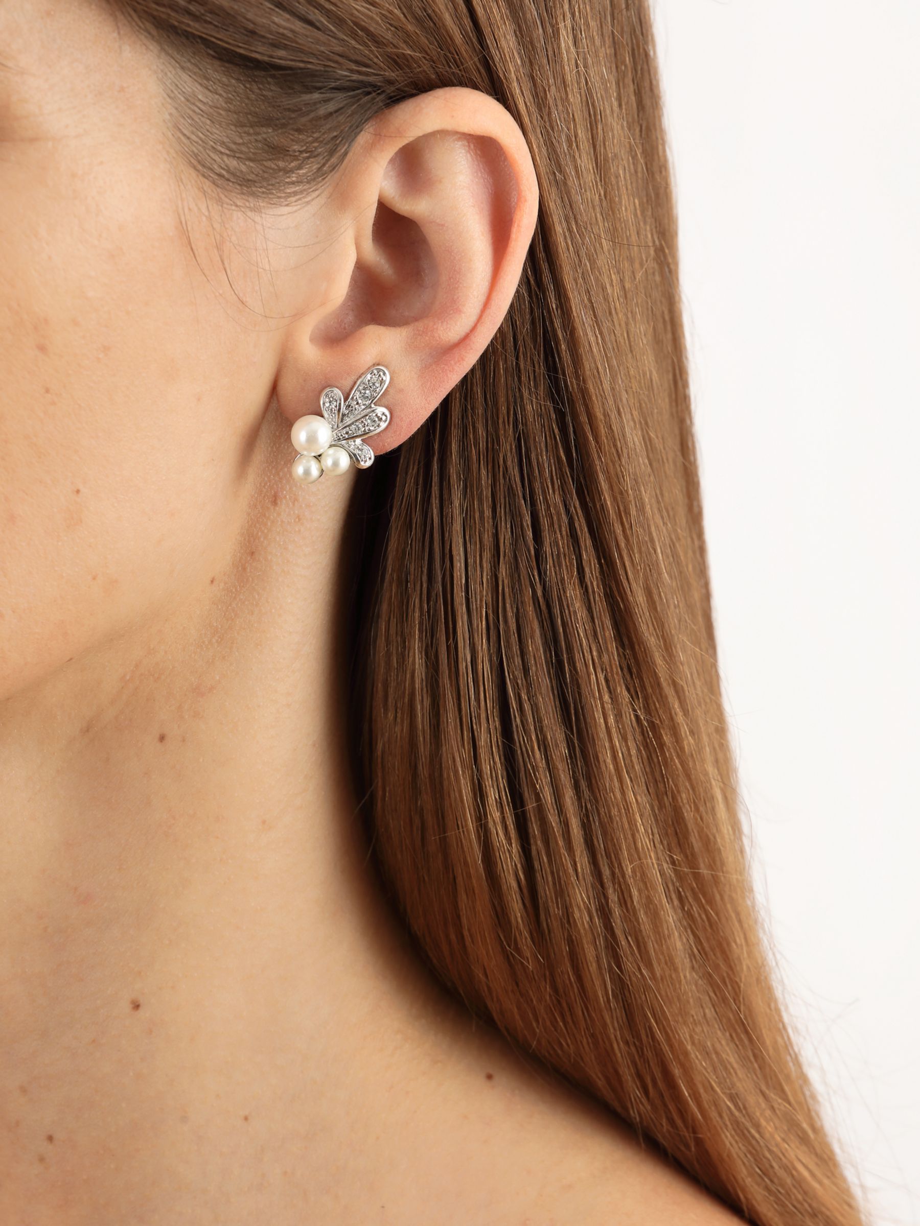 Eclectica Pre-Loved Swarovski Crystal & Faux Pearls Leaf Stud Clip-on Earrings, Dated Circa 1980s, Silver/Cream