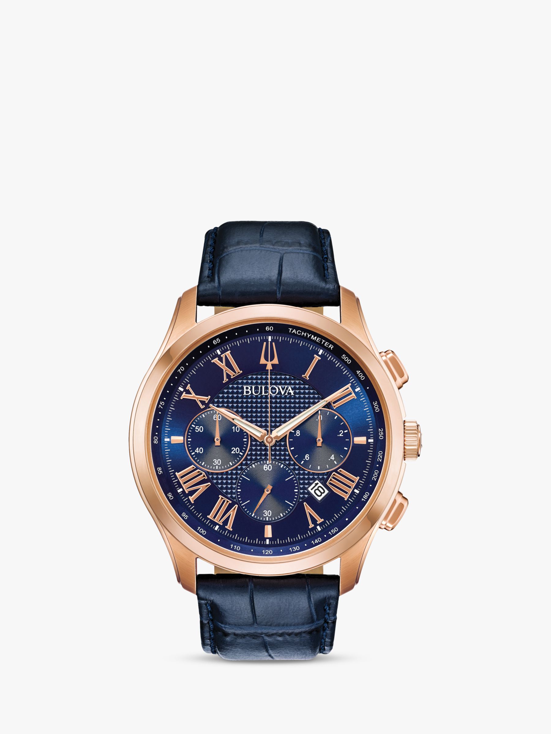 Buy Bulova 97B170 Men's Wilton Date Chronograph Leather Strap Watch, Blue/Rose Gold Online at johnlewis.com
