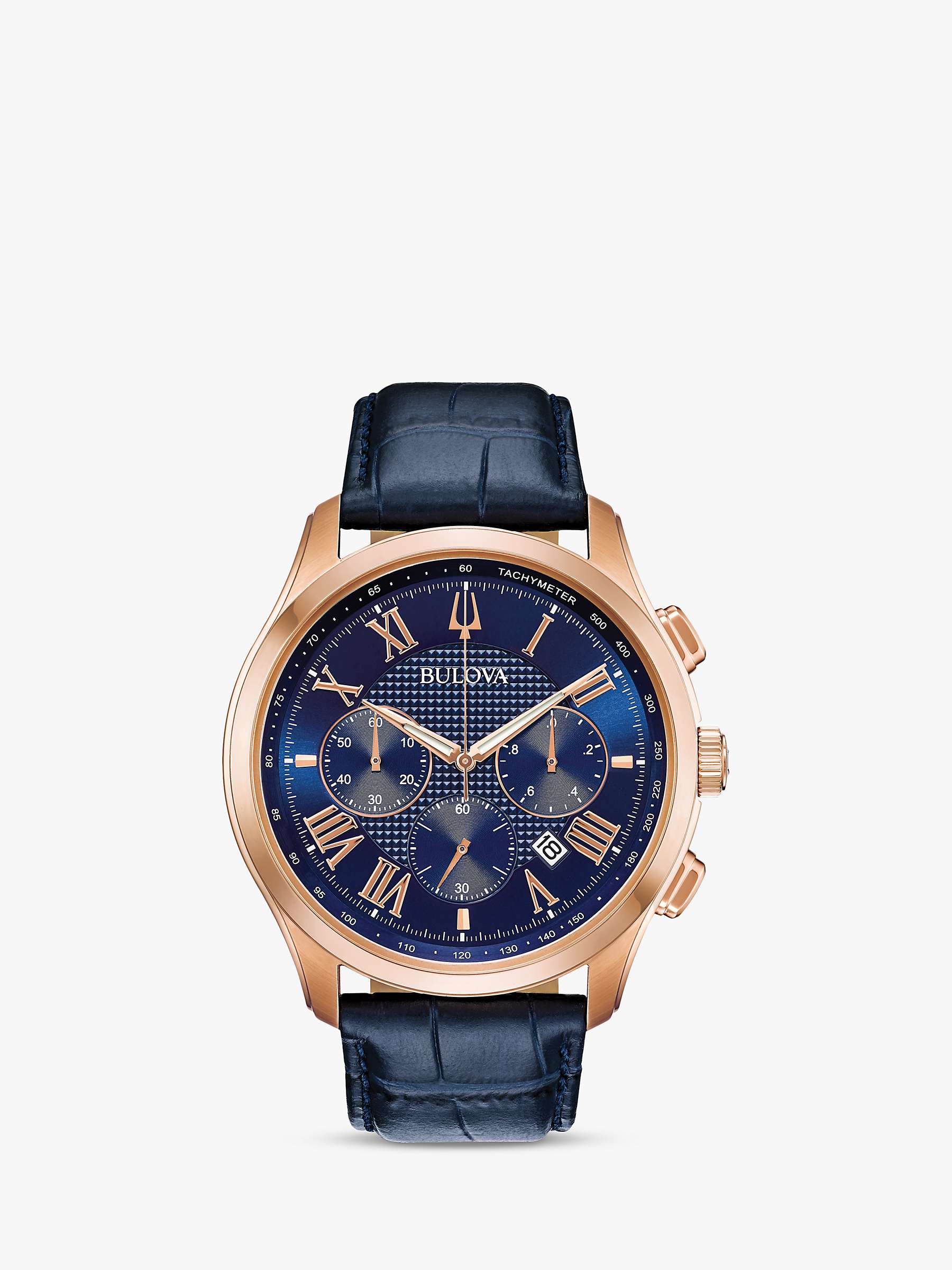 Buy Bulova 97B170 Men's Wilton Date Chronograph Leather Strap Watch, Blue/Rose Gold Online at johnlewis.com