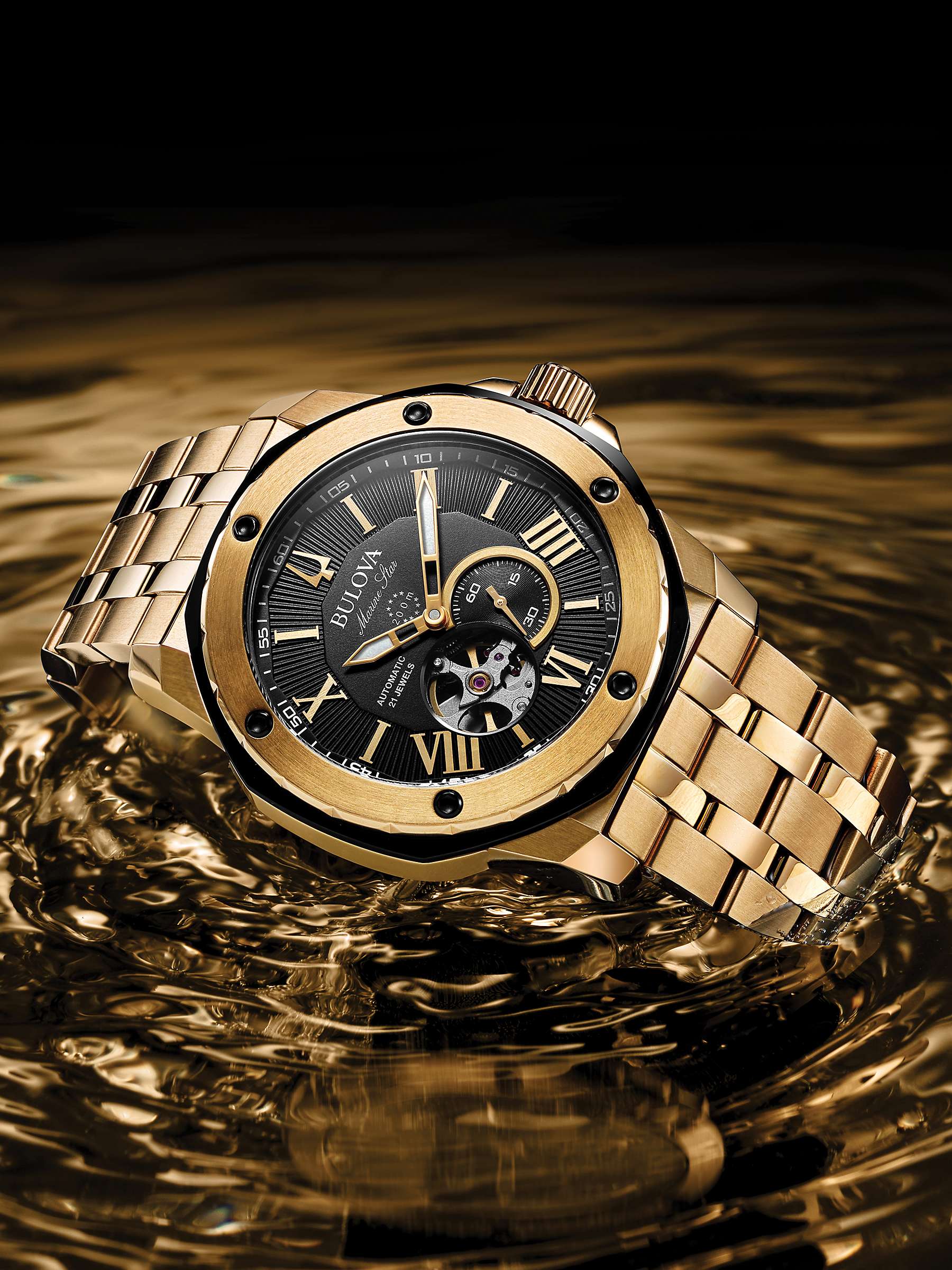 Buy Bulova 98A273 Men's Marine Star Heartbeat Automatic Bracelet Strap Watch, Gold/Black Online at johnlewis.com
