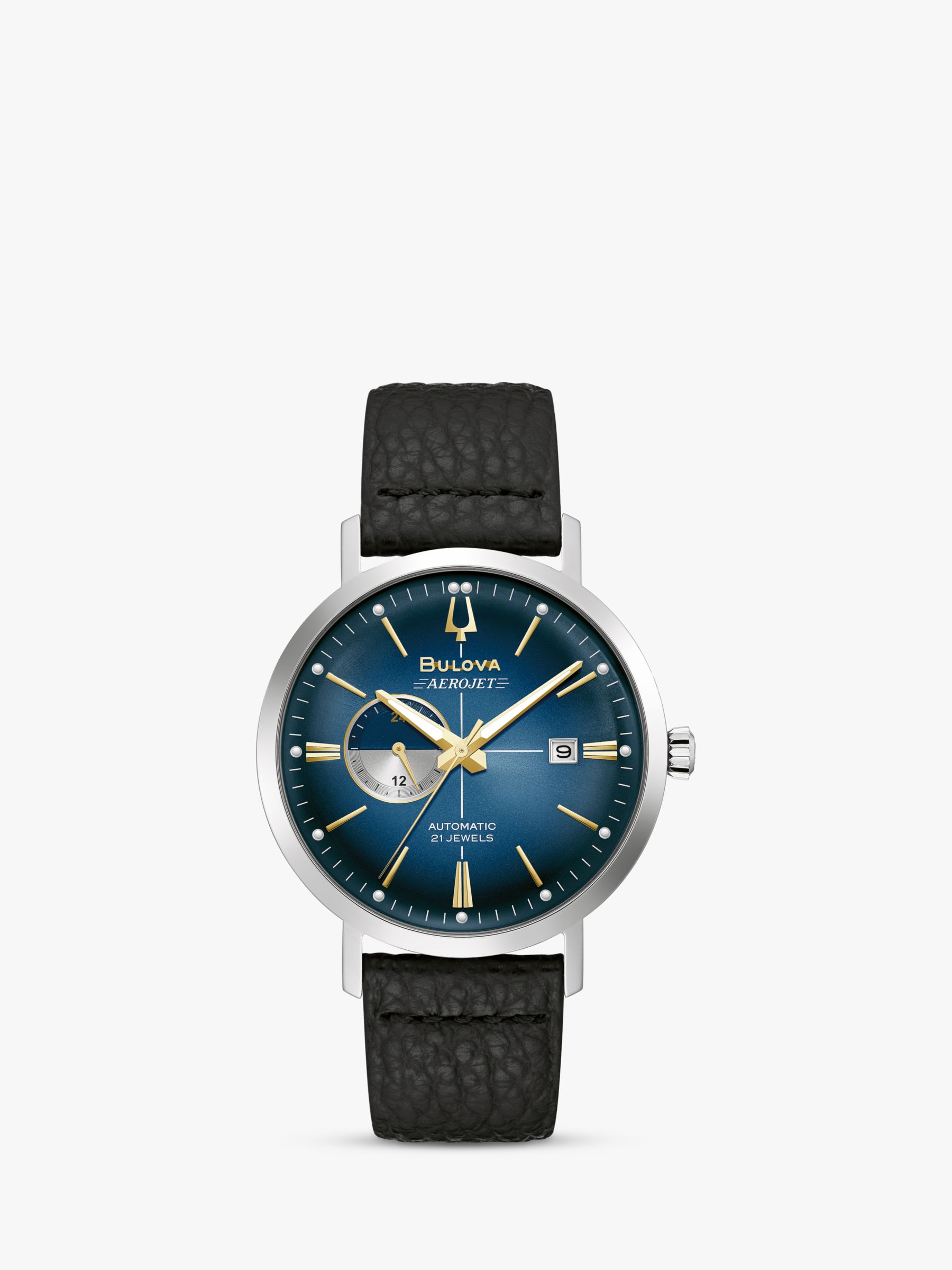 Buy Bulova Men's Aerojet Automatic Date Leather Strap Watch, Black/Blue 96B374 Online at johnlewis.com