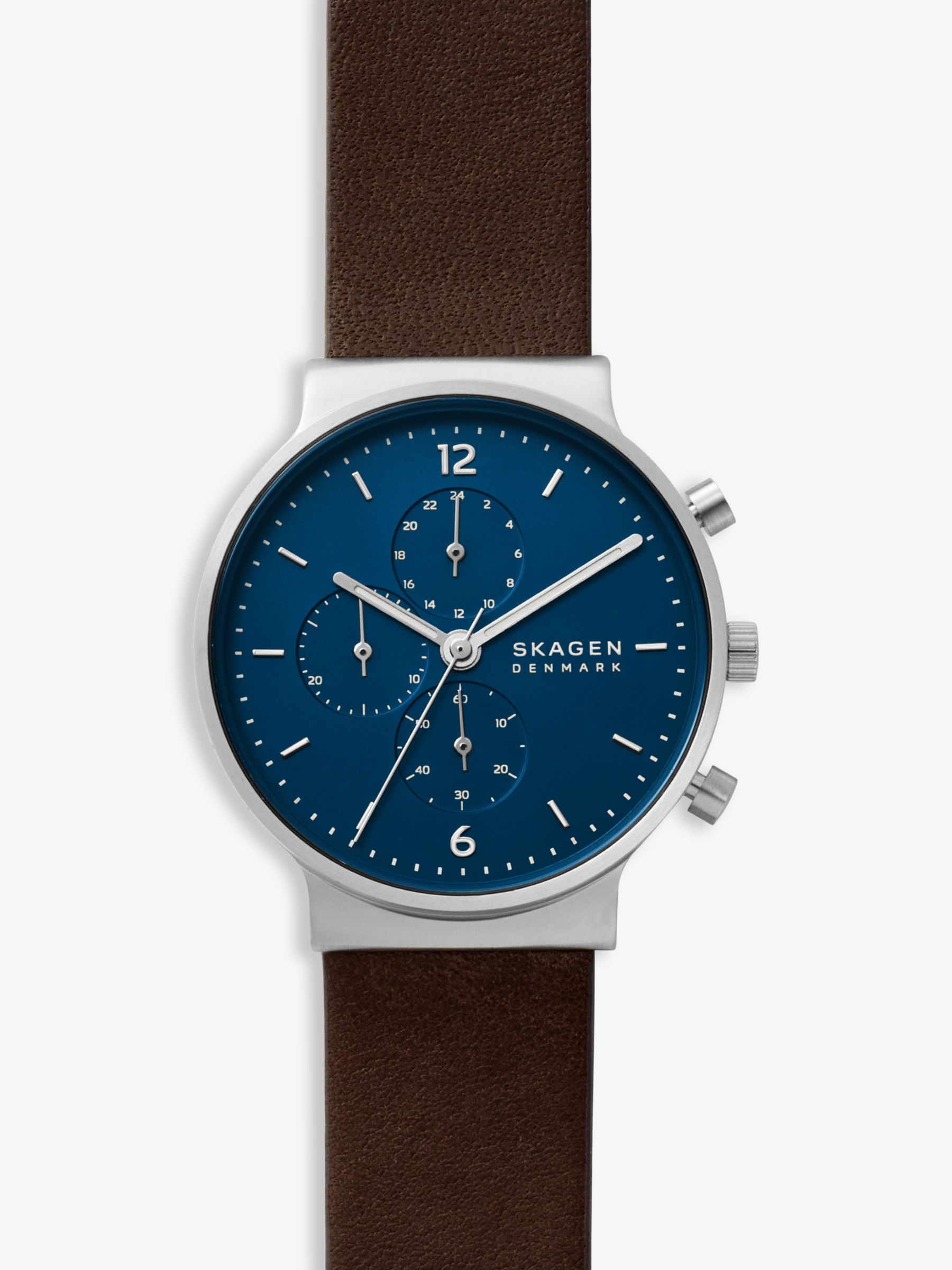 Skagen SKW6765 Men's Ancher Chronograph Leather Watch, Brown/Blue at Lewis & Partners
