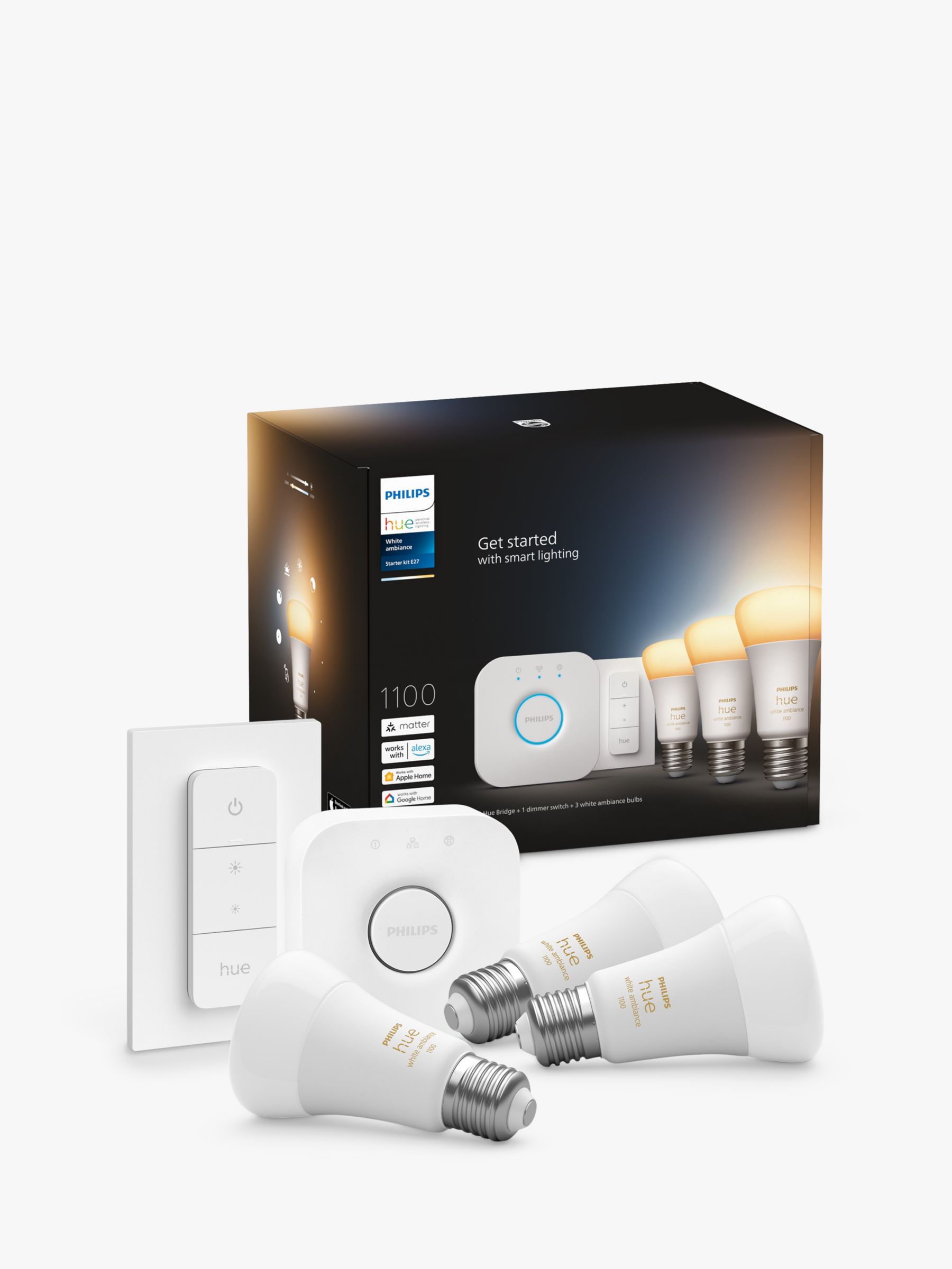 Photo of Philips hue white ambiance wireless lighting led starter kit with 3 e27 bulbs with bluetooth dimmer switch & bridge