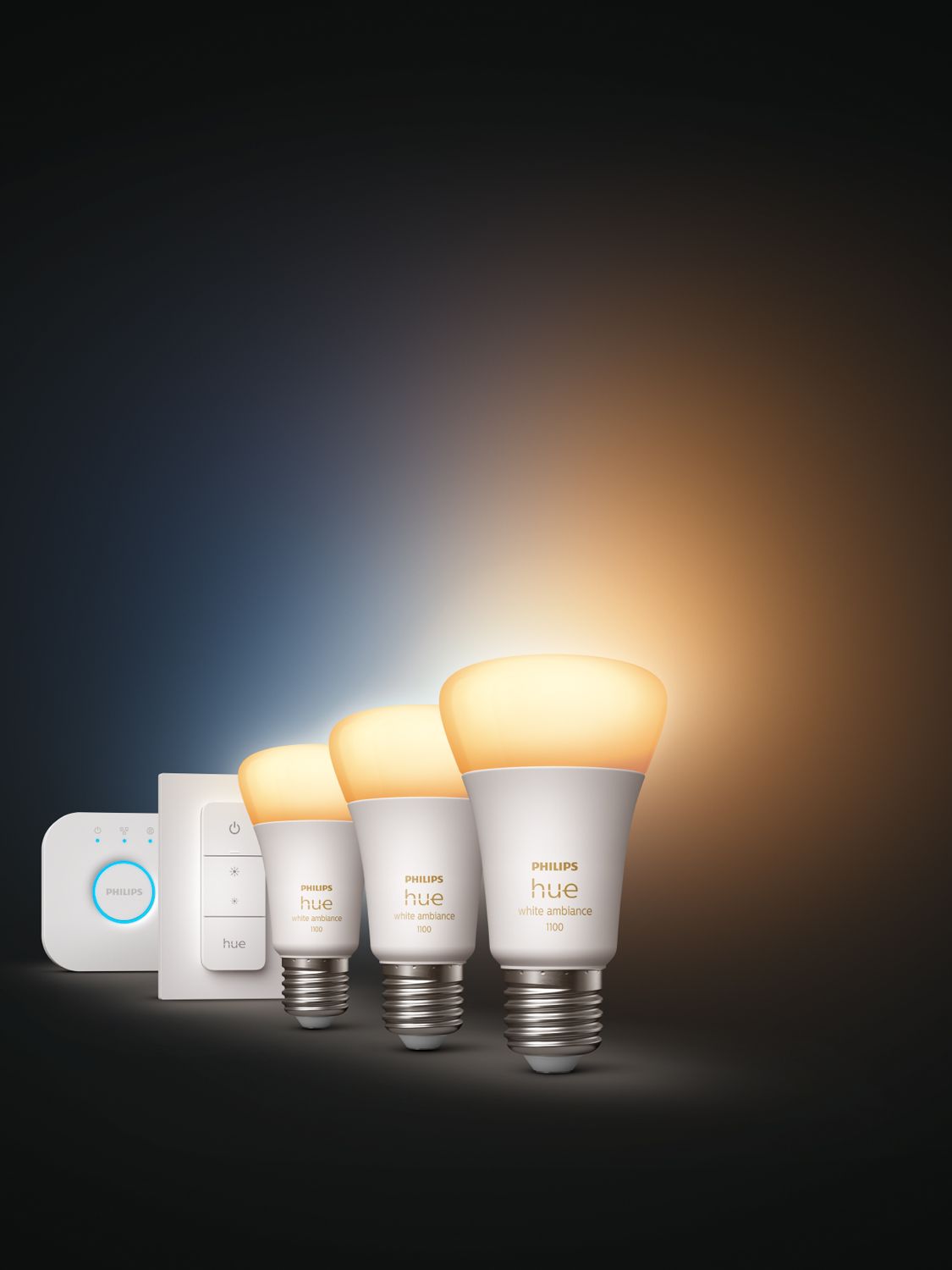 Philips Hue White Ambiance Wireless Lighting LED Starter Kit with 3 E27  Bulbs with Bluetooth, Dimmer