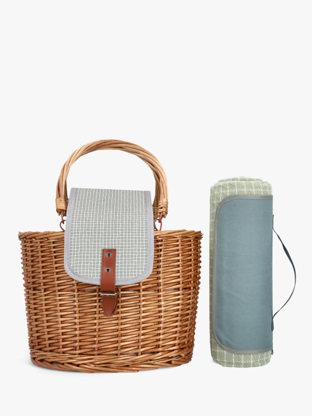 John Lewis Leckford Empty Willow Wicker Picnic Basket & Rug, 30L, Natural/Green