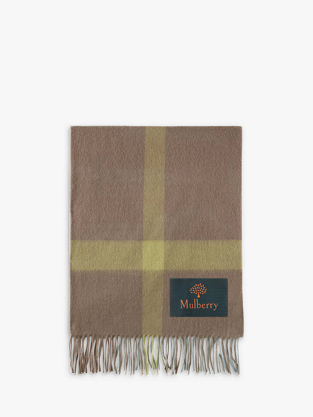 Mulberry Large Check Lambswool Scarf, Cambridge Green/Solid Grey