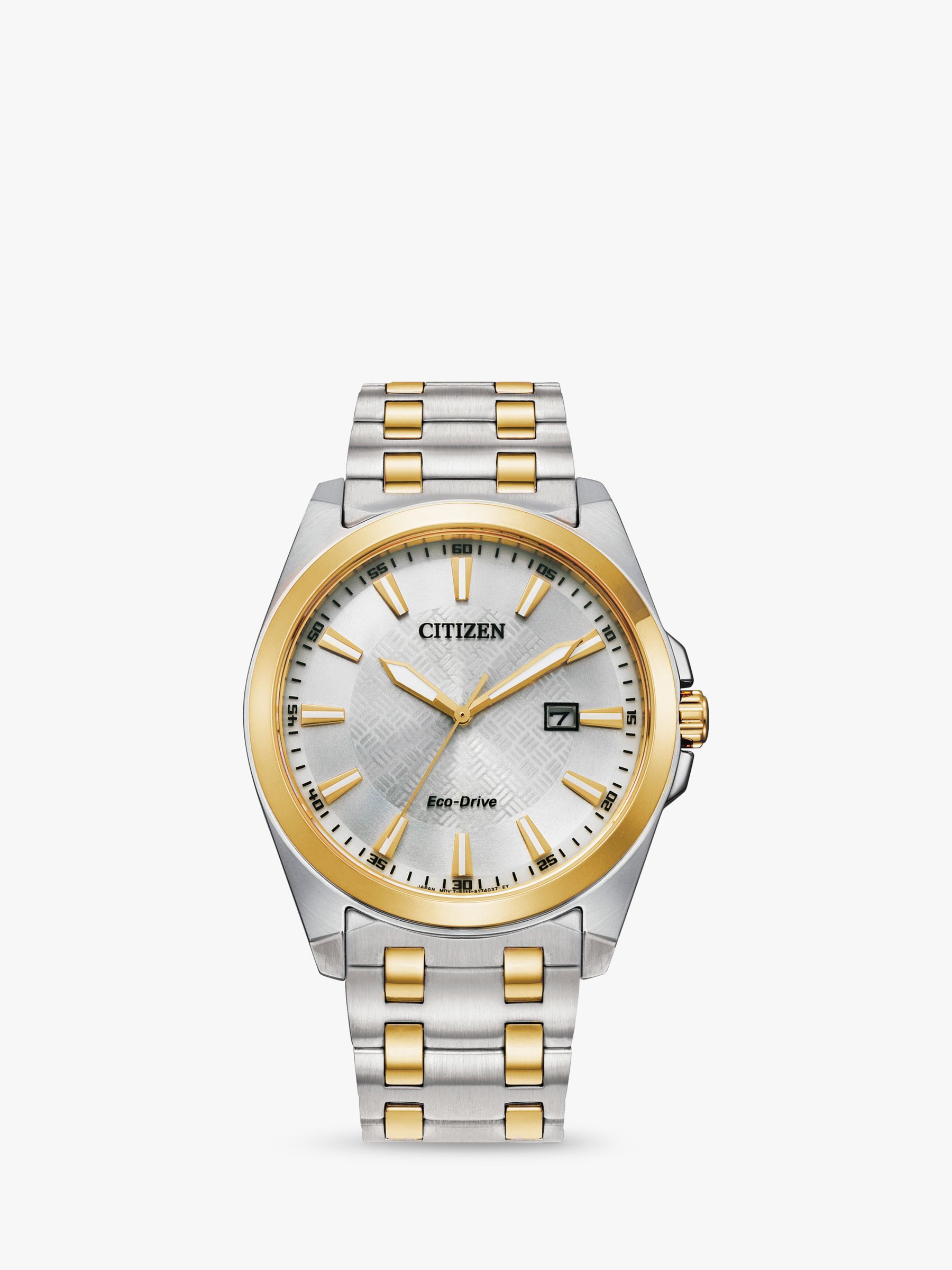 Citizen Men's Classic Eco-Drive Date Two Tone Bracelet Strap Watch,  Silver/Gold Bm7534-59a at John Lewis & Partners