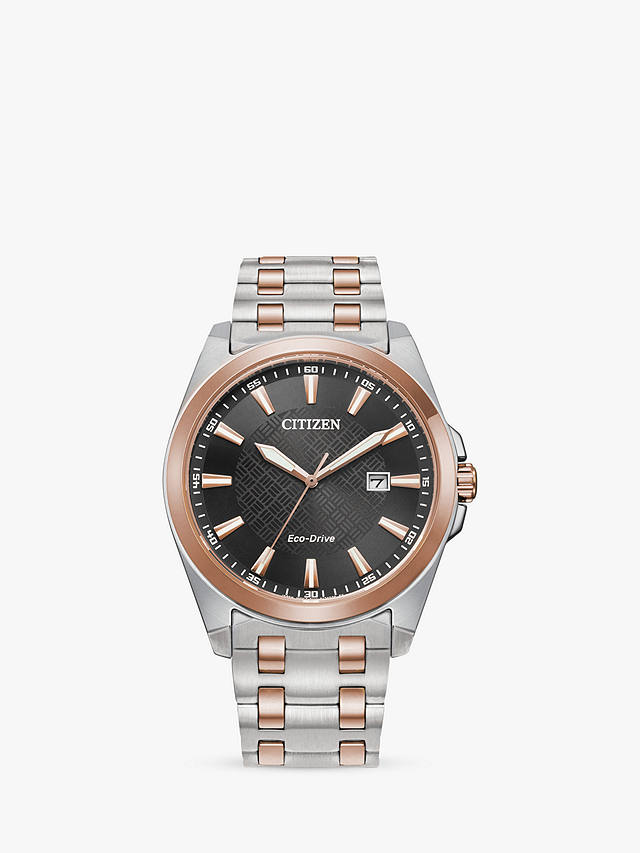 Citizen Men's Classic Eco-Drive Date Two Tone Bracelet Strap Watch, Silver/Rose Gold/Black Bm7536-53x